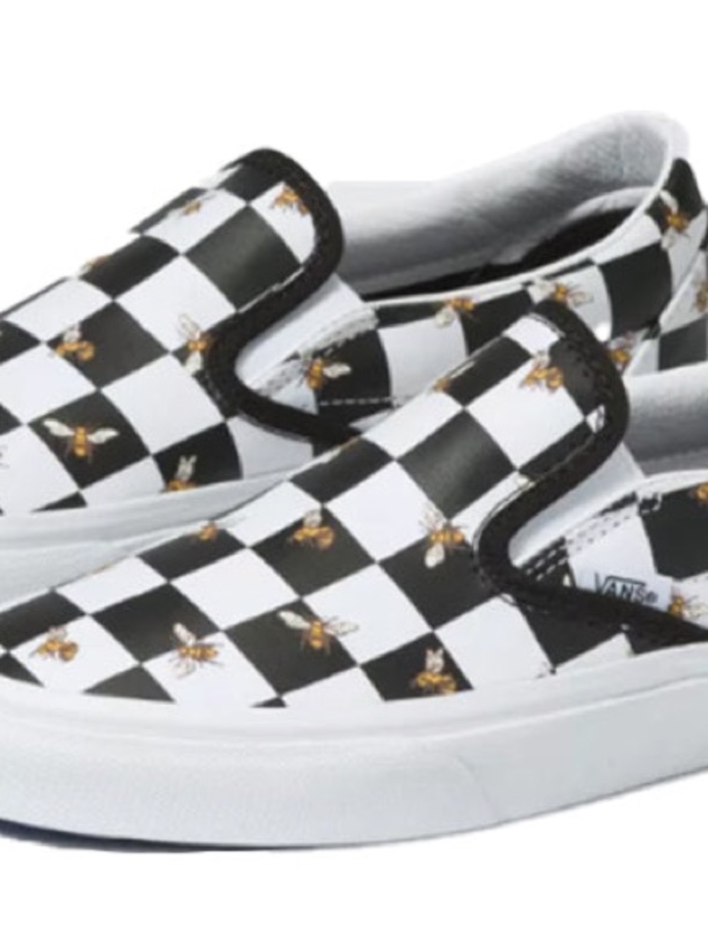 Vans Black & White Checkerboard Slip-On Sneakers with Gold Bee Print